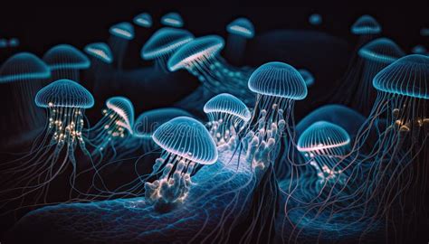 Bioluminescent Jellyfish Glowing Purple And Blue In The Ocean Sea