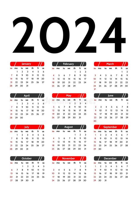 Calendar For 2024 Isolated On A White Background Stock Vector