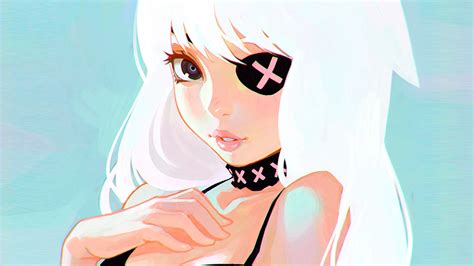 Wallpaper Illustration White Hair Anime Girls Cartoon Black Hair Mouth Eye Patch Sketch