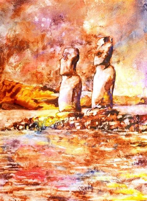 Moai Ruins On Easter Island Moai Art Moai Watercolor Landscape Painti