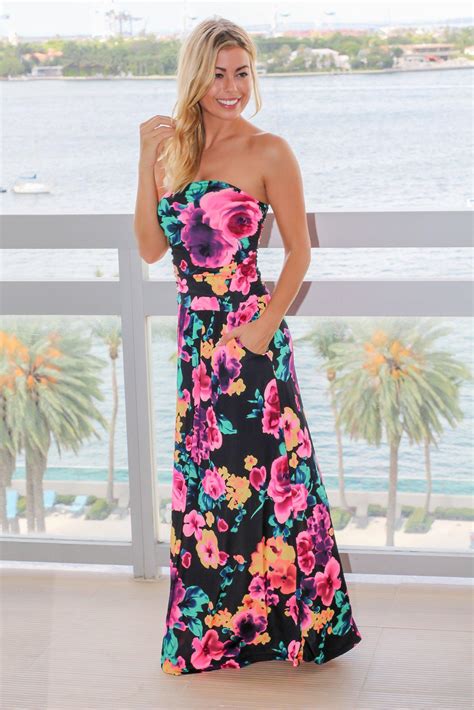 Black And Hot Pink Floral Strapless Maxi Dress Maxi Dress Dresses