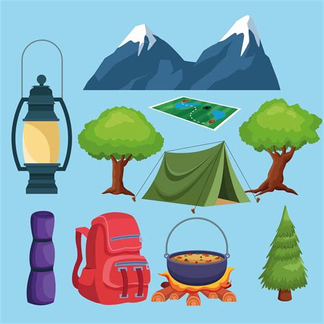 Elementos De Camping Y Dibujos Animados De Iconos De Paisaje