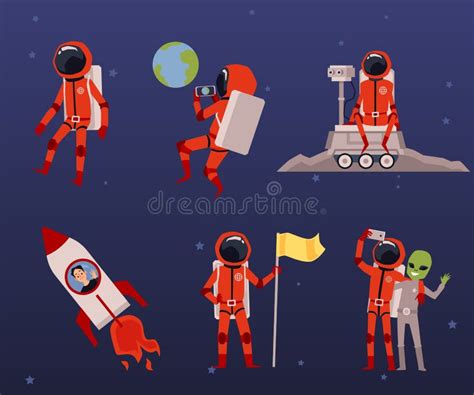 Set With Cosmonaut Characters And Rocket Flat Vector Illustrations