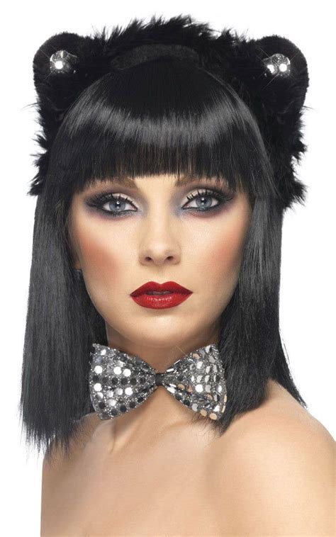 Sequin Black Cat Ears With Silver Bow Tie Cat Costume Accessory