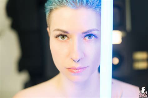 Wallpaper Suicide Girls Women Blue Hair Lightsaber Green Eyes Tattoo Piercing