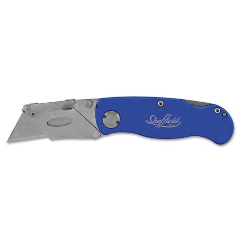 Sheffield Folding Lockback Knife 1 Utility Blade 2 Blade 35 Aluminum Handle Blue Tek