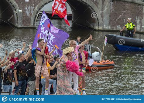 close up of pride protest boat at gay pride at amsterdam the netherlands 2019 editorial photo