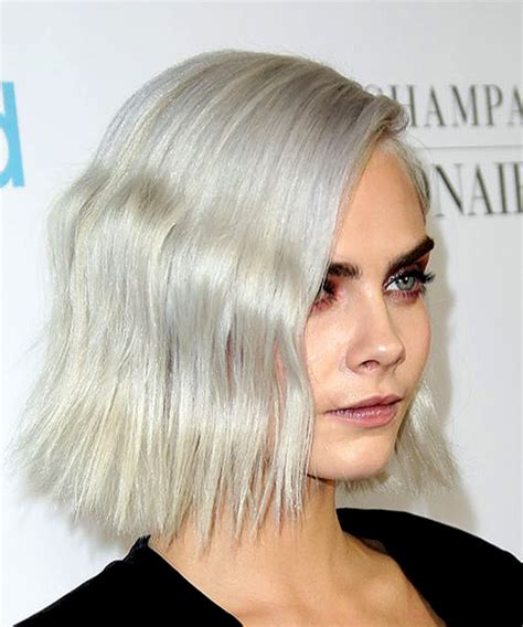 Cara Delevingne Medium Wavy Casual Bob Hairstyle Light Platinum Blonde Hair Color