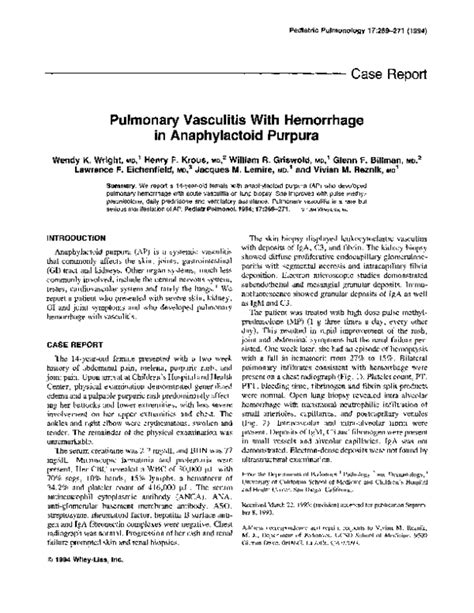Pdf Pulmonary Vasculitis With Hemorrhage In Anaphylactoid Purpura