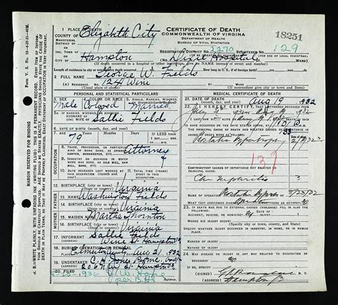 Death certificates serve two purposes: Death Certificate of George W. Fields (died August 19 ...