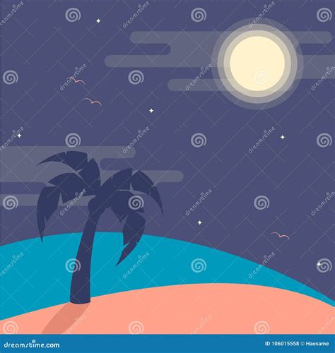 Vector Illustration Of Night Beach With Palm Tree Moon Stock Vector