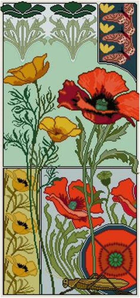 Red Poppies Floral Panel Cross Stitch Pattern Pdf Yellow Etsy In 2020