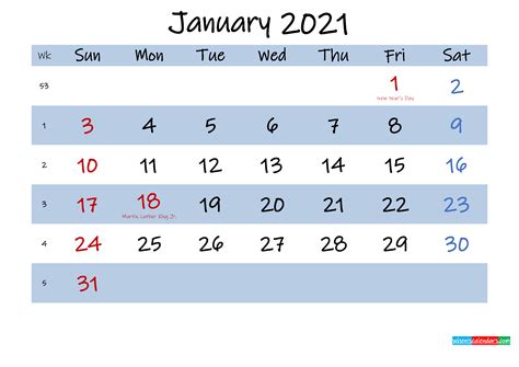Printable January 2021 Calendar Word Template K21m493