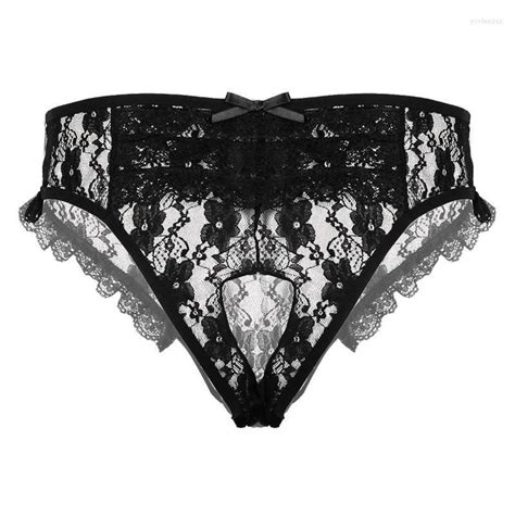 Mens Sissy Briefs Sheer Floral Lace Lingerie Low Rise Sexy Nightwear Back With Hole Crotchless G