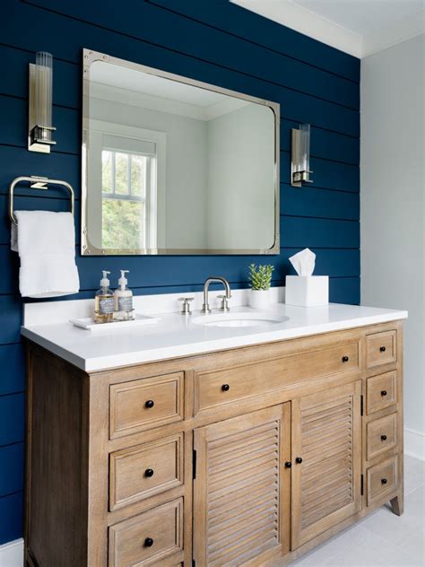 Accent With Shiplap Navy Wall In 2020 Blue Bathroom Accents Blue