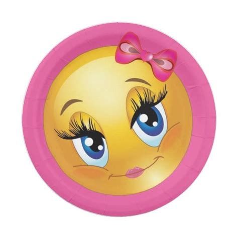 Cute Girl Emoji With A Pink Bow Party Paper Plate I Love A Happy Face