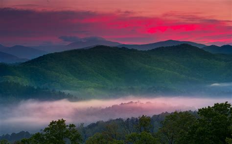 Nature Landscape Spring Sunrise Mist Valley Mountain Forest Red