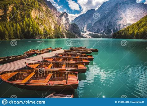 Famous Lake In The Italian Alps Dolomites Lago Di Braies Place With