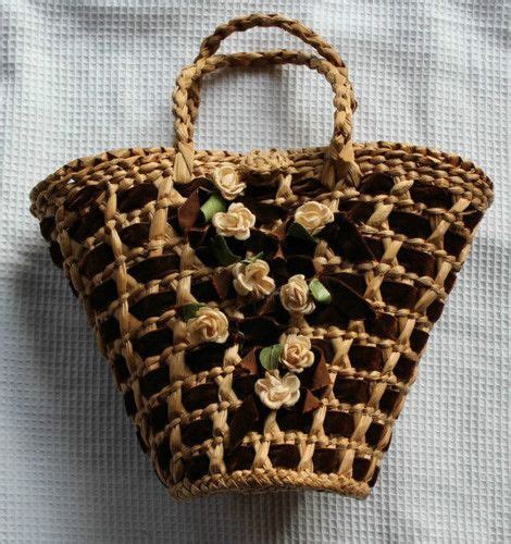 Woven Basket Purse W Velvet Ribbon And Flower Purses Vintage Purses