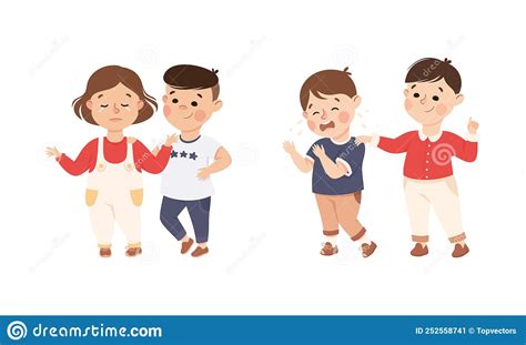 Little Kid Supporting And Comforting Sad Friend Vector Illustration Set