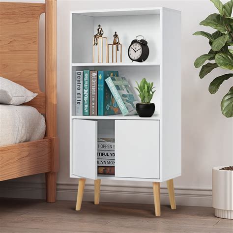 Insma Wooden 3 Shelf White Bookcase Bookshelf With Cabinet Floor