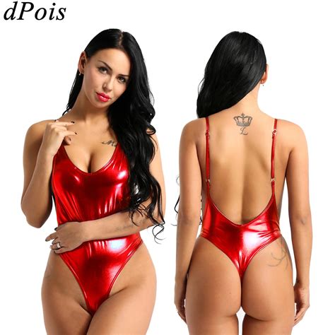 Women Sexy Bodysuit One Piece Swimsuit Thong Sleeveless Patent Leather