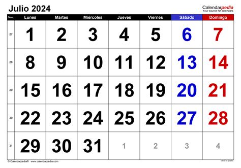 Calendario Julio En Word Excel Y Pdf Calendarpedia