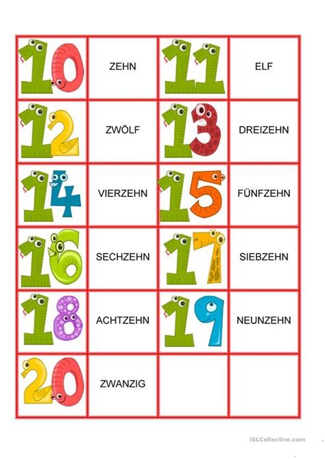 Zahlen Von 1 20 Memory Spiel Deutsch Daf Arbeitsblatter German