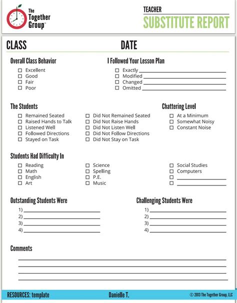 Free Printable Substitute Teacher Report Form Printable Templates