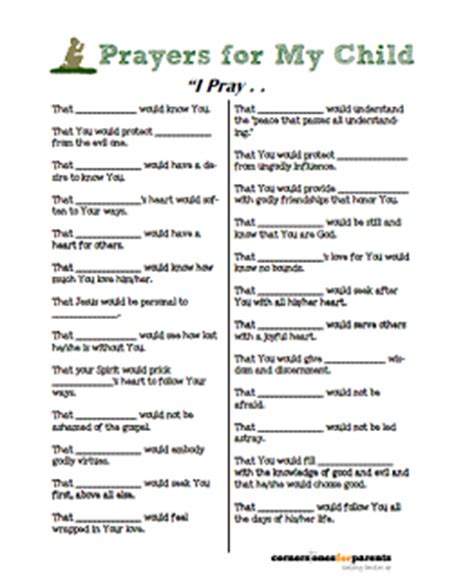 It's been though for children. Free Printable - Prayers for My Child - Cornerstones for Parents