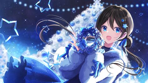 Blue Eyes Anime Girl With Blue White Dress Snow Tree Background 4k Hd