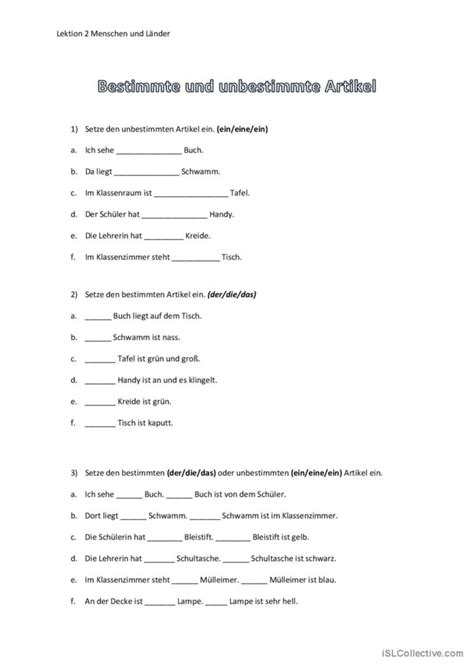 Bestimmter Und Unbestimmter Artikel Deutsch Daf Arbeitsblätter Pdf And Doc