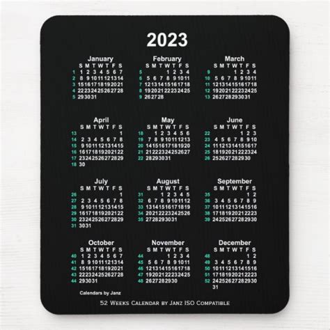 2023 Neon White 52 Weeks Iso Calendar By Janz Mouse Pad Au