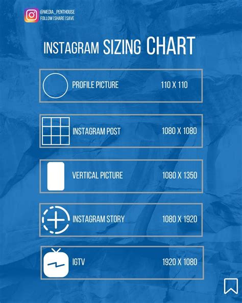 The Instagramm Sizing Chart Is Displayed On A Blue Background With