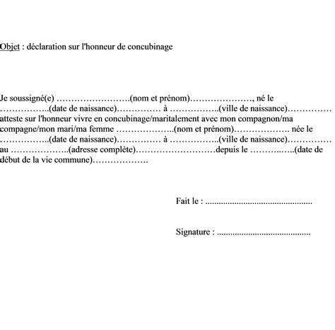 Lettre Type Attestation Sur Lhonneur De Vie Commune Exemple De Lettre
