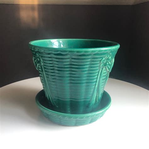 vintage shawnee pottery planter attached saucer turquoise etsy