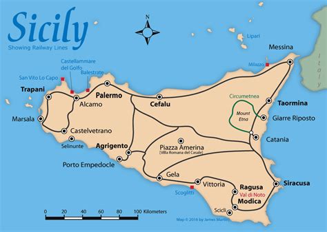 A Map Of The Island Of Sicily With All Its Roads And Major Cities On It