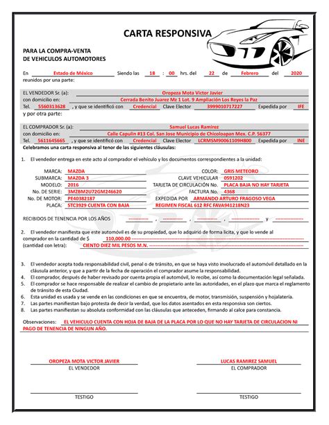 Carta Responsiva Documento CARTA RESPONSIVA PARA LA COMPRA VENTA DE VEHICULOS AUTOMOTORES