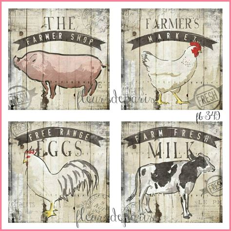 ~ Shabby Chic Vintage French Country Farm Animals 4 Prints On Fabric Fb