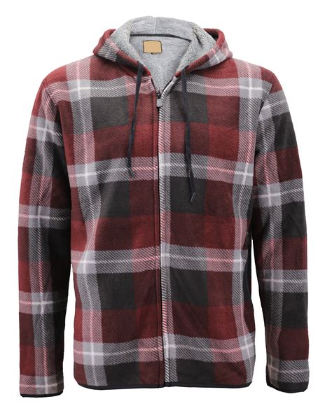 Mens Fleece Zip Up Hooded Sweatshirt Plaid Soft Sherpa Lined Lightweight Jacket Burgundy L