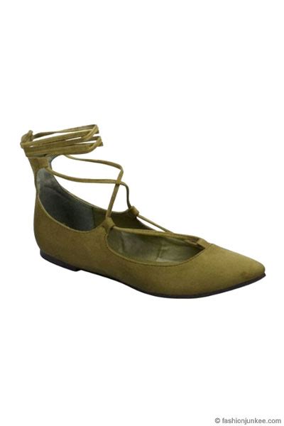 Faux Suede Pointy Toe Strappy Ballet Ballerina Lace Up Flats Olive Green