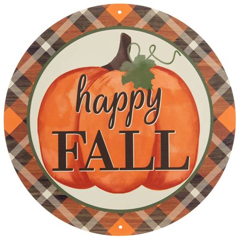 12 Metal Sign Happy Fall Pumpkin With Printed Plaid Md0431