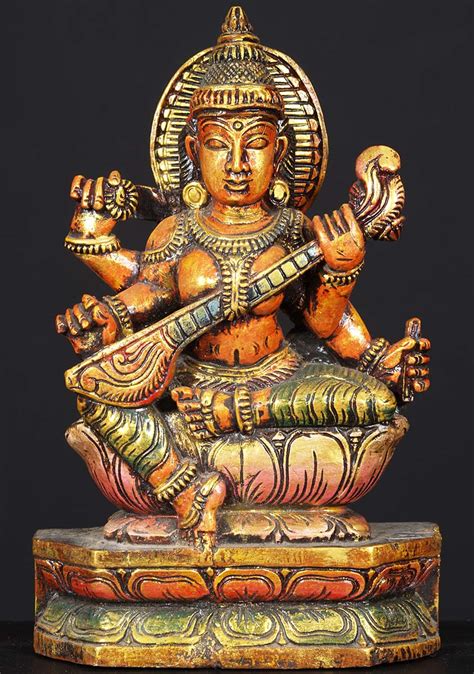 Sold Wooden Painted Saraswati Statue 12 76w6ar Hindu Gods And Buddha