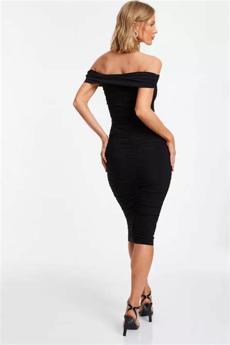 Black Bardot Ruched Midi Dress Quiz Clothing