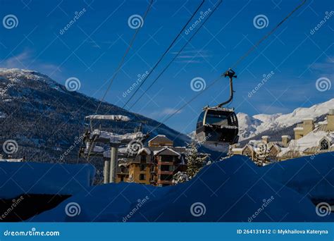 Ski Gondola Lift In Mountains Ski Attraction Mountains Winter Landscape View Ski Resort Stock