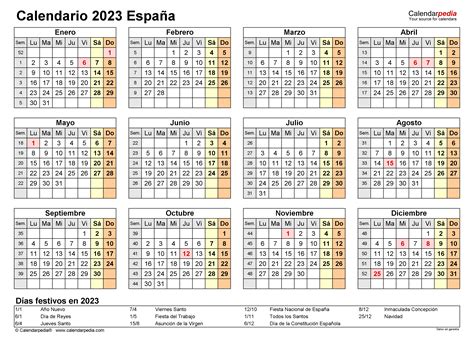 Calendario 2023 Anual Con Festivos Nacionales Reverasite