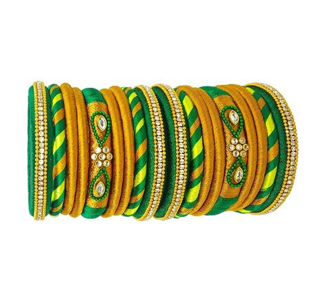 Buy Silk Thread Green And Yellow Bangles Set Of 18 Bangles 210 At