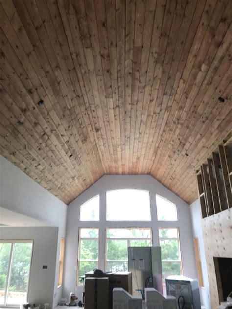 Cottage Vaulted Pine Ceiling In Early American Stain Vaulted Ceiling
