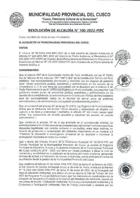 Resolución De Alcaldía N° N° 100 2022 Mpc Plan De Trabajo 2022 Del