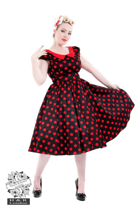 Black Red Large Polka Dot Swing Dress Hearts And Roses London